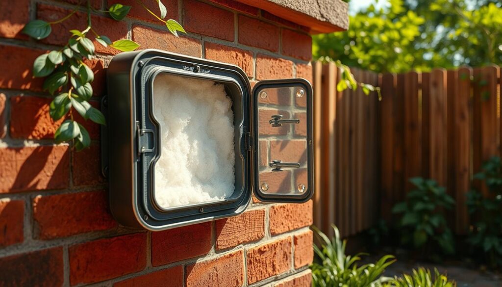 A highly detailed, realistic outdoor tap insulation cover in a well-lit, warm-toned environment. The cover has a sturdy, weather-resistant construction with insulating material visible through a transparent panel. It is mounted on a brick wall, with lush greenery and a wooden fence in the background, creating a cozy, rustic atmosphere. The lighting is natural, with soft shadows and highlights accentuating the texture and form of the cover. The camera angle is slightly elevated, providing a clear, unobstructed view of the insulation cover and its surroundings.