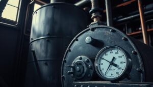A large industrial boiler, its metal exterior weathered and scarred, stands in a dimly lit mechanical room. Pipes and valves crisscross the background, casting shadows across the scene. The boiler's pressure gauge sits prominently in the foreground, the needle trembling precariously, indicating a potentially dangerous drop in pressure. The lighting is moody, with pools of light and shadow creating a sense of tension and urgency. The overall atmosphere conveys the seriousness of the boiler pressure issue, hinting at the need for immediate troubleshooting and repair.