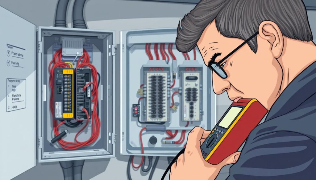 A meticulously crafted diagnostic scene showcasing a step-by-step process for identifying a neutral fault in a lighting circuit. The foreground depicts a technician intently examining an open electrical panel, their expression pensive as they trace circuits with a multimeter. The middle ground features an array of electrical components and wiring, their intricate layout inviting deeper analysis. The background subtly suggests a well-lit, industrial environment, with clean lines and subtle shadows creating a sense of order and professionalism. The overall mood is one of focused problem-solving, with a technical, illustrative aesthetic that aligns with the subject matter.