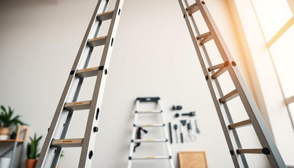 A meticulously crafted multi-purpose ladder, standing tall and proud in a well-lit, modern interior. The foreground features the ladder's sturdy aluminum construction, with clearly visible rungs and safety mechanisms. The middle ground showcases the ladder's versatility, with various attachments and accessories neatly displayed. In the background, a clean, minimalist backdrop allows the ladder's features to shine. Soft, warm lighting creates a sense of professionalism and authority, while the camera angle provides a balanced, eye-level perspective, inviting the viewer to closely inspect the ladder's design and functionality. This image captures the essence of a high-quality, multi-purpose ladder that caters to the needs of the modern homeowner or professional.