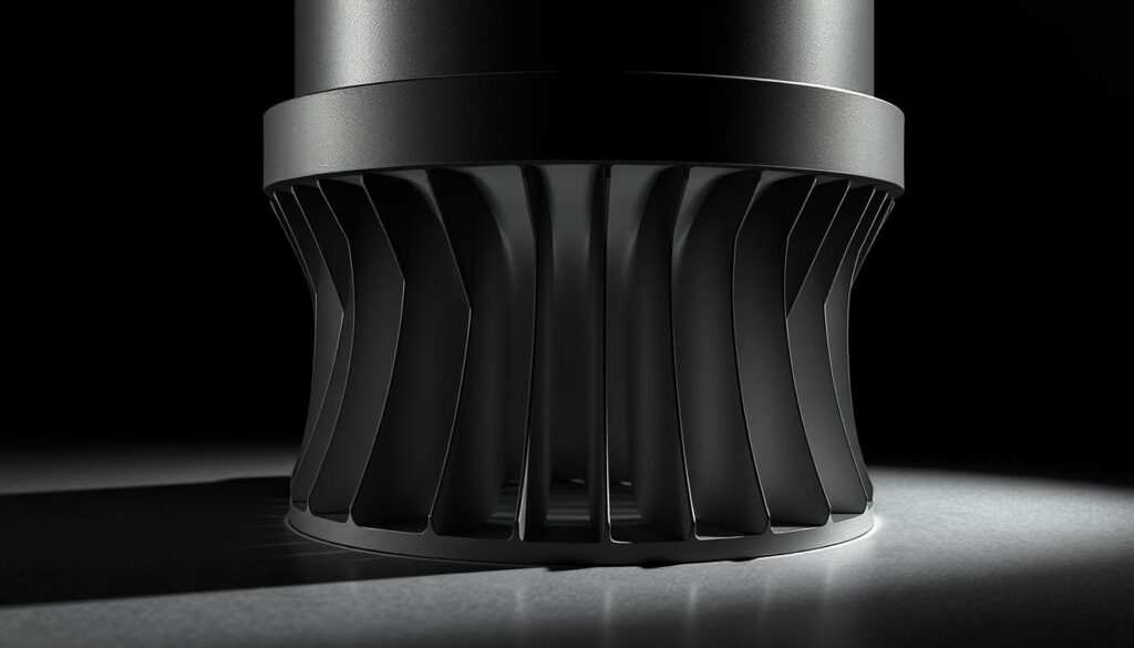 A meticulously detailed cyclone dust separator baffle, rendered in crisp, photorealistic style. The baffle's intricate curves and vanes are finely sculpted, capturing the intricate airflow dynamics at play. Dramatic studio lighting casts dramatic shadows, emphasizing the baffle's complex geometry. The camera angles showcase the baffle's form from multiple perspectives, allowing a comprehensive understanding of its function and design. The mood is one of technical precision and engineering excellence, befitting the subject's role in an effective dust separation system. No distracting elements - the baffle is the sole focus, ready to be seamlessly integrated into the article's step-by-step guide.