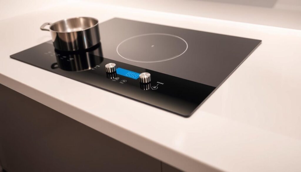 A modern, high-angle view of a sleek, black induction hob's control panel. The hob's surface is meticulously clean and reflective, with the control knobs and digital display prominently featured. Surrounding the hob is a minimalist, white countertop and backsplash, creating a bright, clinical atmosphere. Lighting is soft and diffuse, emphasizing the precision and technicality of the calibration process. The camera is positioned slightly above the hob, giving the viewer a sense of observing the delicate adjustments being made to ensure optimal cooking performance.