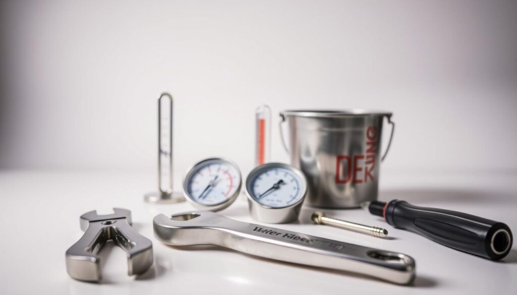 A neatly arranged array of essential water heater maintenance tools displayed against a clean, well-lit backdrop. In the foreground, a pair of pliers, a wrench, and a screwdriver are meticulously positioned, their metal surfaces gleaming under the soft, diffused lighting. In the middle ground, a water heater sediment removal tool and a thermometer sit alongside a small bucket, hinting at the specific tasks at hand. The background features a subtly blurred, neutral-toned surface, allowing the tools to take center stage and showcase their importance in the step-by-step guide for water heater maintenance.