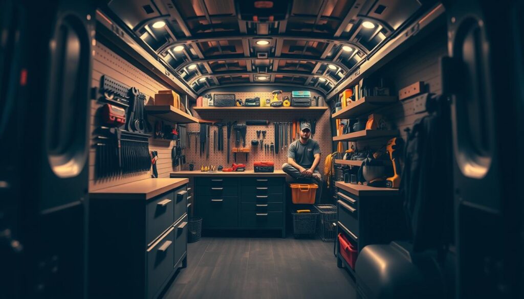 A neatly organized van interior, with tools and equipment meticulously arranged in various compartments and shelves. Warm, directional lighting illuminates the scene, casting subtle shadows that highlight the intricate layout. The van's layout is optimized for efficient tool retrieval, with a balance of open space and strategic storage solutions. Pegboards, drawers, and custom-built shelving systems create a harmonious and visually appealing workspace. The overall impression conveys a sense of professionalism, productivity, and attention to detail - an ideal environment for a skilled tradesperson to efficiently manage their tools and materials.