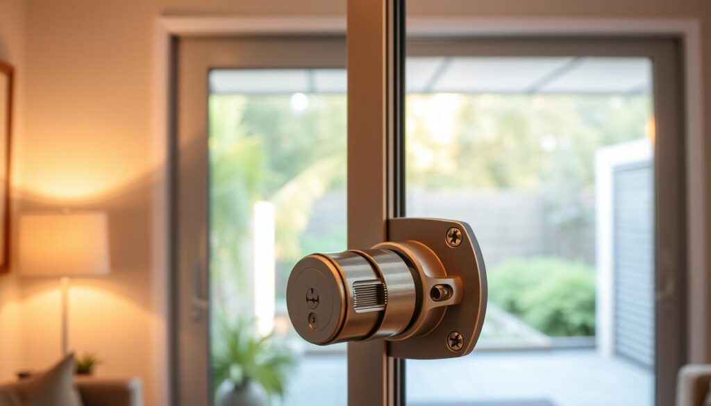 A patio door in a well-lit, modern home interior. The door frame is made of sleek, polished aluminum with a sliding glass panel. In the foreground, an anti-lift lock mechanism is prominently displayed, its metal components gleaming under warm, soft lighting. The lock's design seamlessly integrates with the door's aesthetics. The middle ground features a view of the patio beyond the door, with lush greenery and gentle sunlight filtering through. The background subtly showcases the interior décor, creating a sense of a secure, comfortable living space.