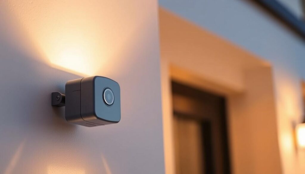 A photocell sensor for outdoor lights, mounted on a clean, modern exterior wall. The sensor is integrated seamlessly, its sleek, minimalist design blending harmoniously with the surface. Warm, soft lighting from the attached light fixture illuminates the sensor, casting a gentle glow. The sensor's photocell is prominently visible, a small, circular window capturing ambient light levels. The overall scene conveys a sense of efficiency, effortless functionality, and energy-saving intelligence, perfectly suited for the "Benefits of Adding a Photocell Sensor to Outside Light" section.