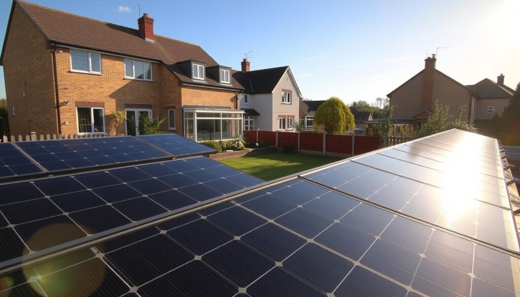 A picturesque residential rooftop in York, England, bathed in warm afternoon sunlight. The foreground features a neatly installed array of sleek, black solar panels, their surfaces glistening as they harness the sun's energy. In the middle ground, a well-manicured garden complements the modern home, its architectural features visible in the background. The scene exudes a sense of environmental consciousness and technological progress, capturing the essence of a successful solar panel installation project that has enhanced the property's aesthetic and energy efficiency.