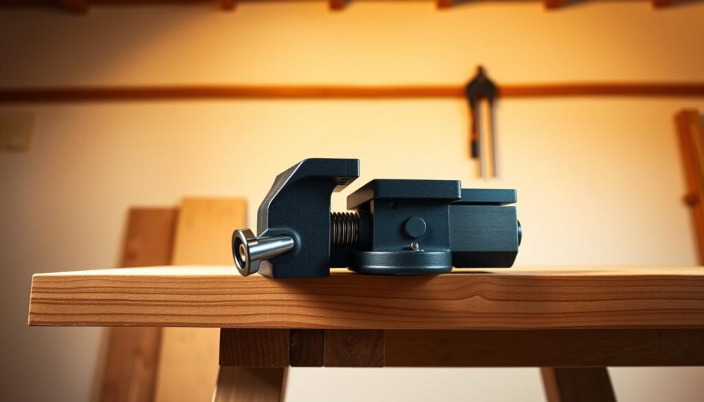A portable vise solution resting on a sturdy wooden workbench, its metal jaws gleaming under the warm studio lighting. The vise is mounted securely, ready to grip and hold a variety of objects for precise work. The background features a clean, minimalist space with neutral tones, allowing the vise to take center stage. The composition showcases the vise's compact, versatile design, highlighting its ability to provide a stable, portable clamping solution for the user's workshop or jobsite needs.