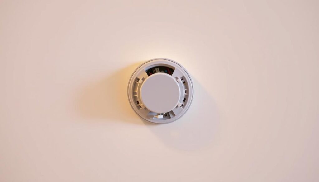 A precise and technical image showcasing the step-by-step installation of a mains-powered smoke detector. A clean white wall in the background, with a warm, well-lit foreground. In the center, a smoke detector mounted flush against the wall, revealing the wiring and mounting points. The detector is illuminated from the side, casting subtle shadows that highlight its three-dimensional form. The scene is captured at a slightly elevated angle, allowing the viewer to clearly see the installation details. The image conveys a sense of professionalism and attention to detail, suitable for an instructional guide on proper smoke alarm installation.