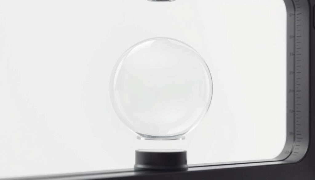 A precise, meticulously crafted spirit level bubble, suspended against a clean, minimalist background. The bubble is perfectly centered, its rounded contours and crystal-clear surface reflecting the soft, diffused lighting from an unseen source. The level's frame is sleek and modern, its matte black finish complementing the bubble's ethereal presence. The entire scene is bathed in a serene, contemplative atmosphere, inviting the viewer to closely examine the subtle details and precise alignment of this essential tool for achieving true levelness.