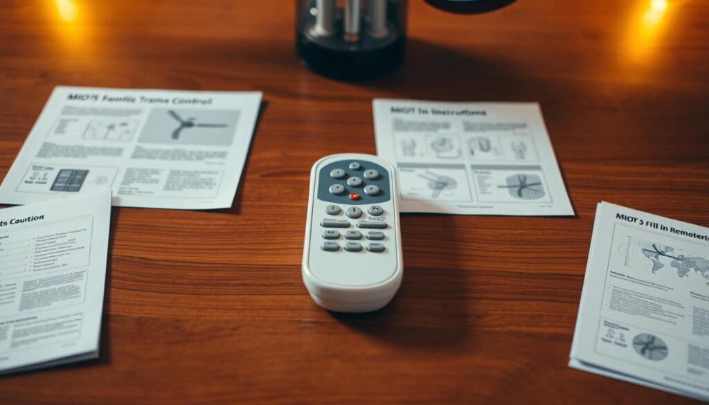 A precisely arranged ceiling fan remote control setup on a clean, wooden table. The remote is centered, with fresh batteries inside, surrounded by crisp, technical schematics and instruction manuals. Subtle ambient lighting from above casts a warm, professional glow across the scene. The camera angle is slightly elevated, capturing the setup in perfect symmetry and focus, showcasing the components in a clear, uncluttered manner. The overall mood is one of informative clarity, guiding the viewer through the essential steps of setting up a ceiling fan remote control system.