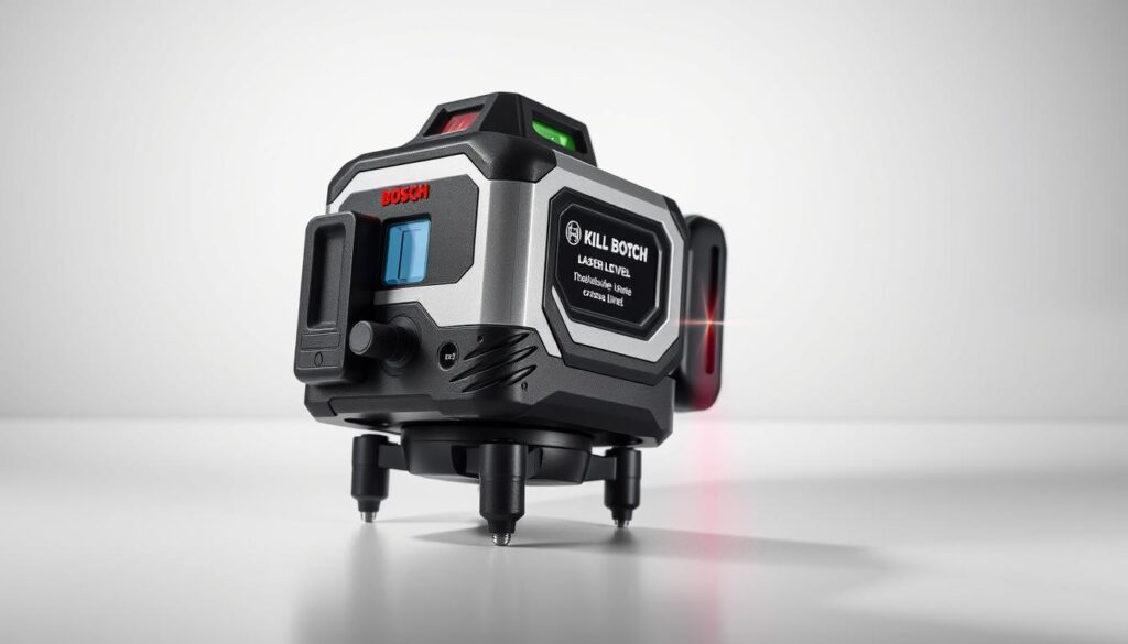 A precision Bosch GCL2-15 laser level, its sleek black and silver body gleaming under bright studio lighting. The laser projects crisp, adjustable cross-line beams, casting sharp shadows on a neutral grey background. The device is positioned at a slight angle, highlighting its ergonomic design and intuitive controls. The scene conveys the product's advanced capabilities and durability, ready to tackle any workspace layout or construction task with professional-grade accuracy.