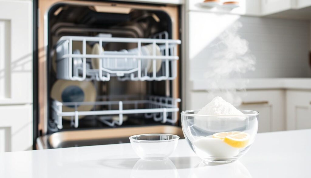 A pristine, modern kitchen countertop with a stainless steel dishwasher, its door open to reveal the interior. The dishwasher is emitting a faint wisp of steam, indicating a freshly completed cycle. On the counter, a small glass bowl filled with baking soda and a few lemon slices, the natural ingredients for a homemade dishwasher deodorizer. Bright, natural lighting illuminates the scene, creating a clean, inviting atmosphere. The image conveys the effective and environmentally-friendly solution to remove stubborn dishwasher odors.