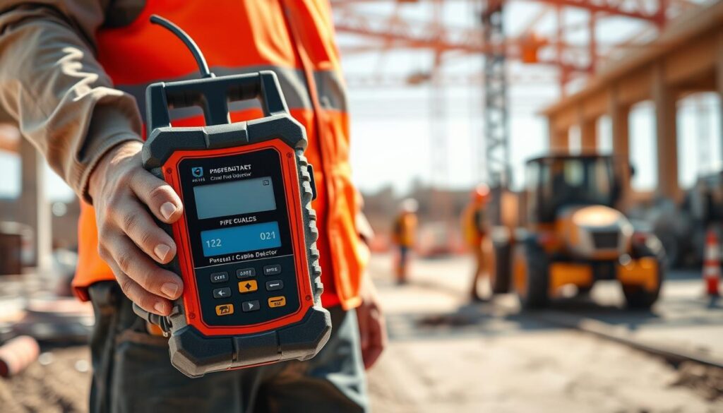 A professional-grade pipe and cable detector device, positioned prominently in the foreground. The detector has a sturdy, ergonomic design with a digital display and various control buttons. It is held in the hands of a worker, standing in a construction site setting. The middle ground features construction equipment and workers in the background, creating a sense of context and scale. The lighting is bright and natural, with warm tones that convey a sense of a sunny, productive workday. The overall composition and perspective draw the viewer's attention to the detector, highlighting its role and importance in the safe execution of the construction project.