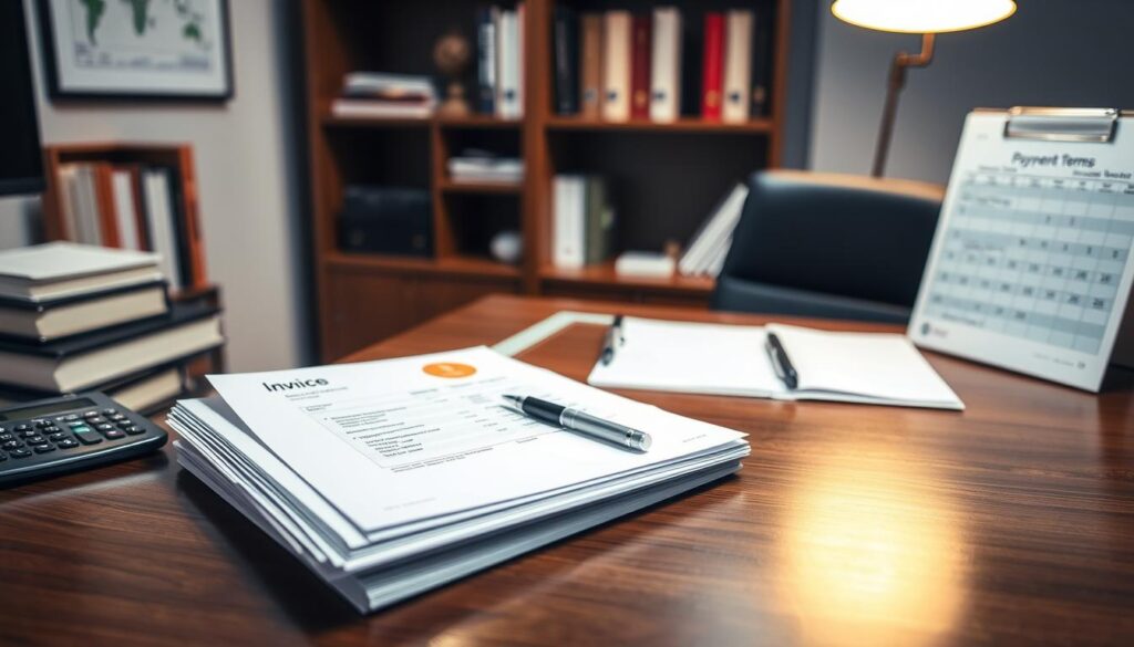 A professional, neatly organized office desk, illuminated by warm, soft lighting. On the desk, a stack of invoices, a calculator, a pen, and a contract prominently displayed, signifying the importance of payment terms. In the background, a calendar and a bookshelf with relevant financial and legal documents, creating a sense of order and attention to detail. The overall atmosphere conveys a mood of professionalism, diligence, and a proactive approach to managing financial obligations.
