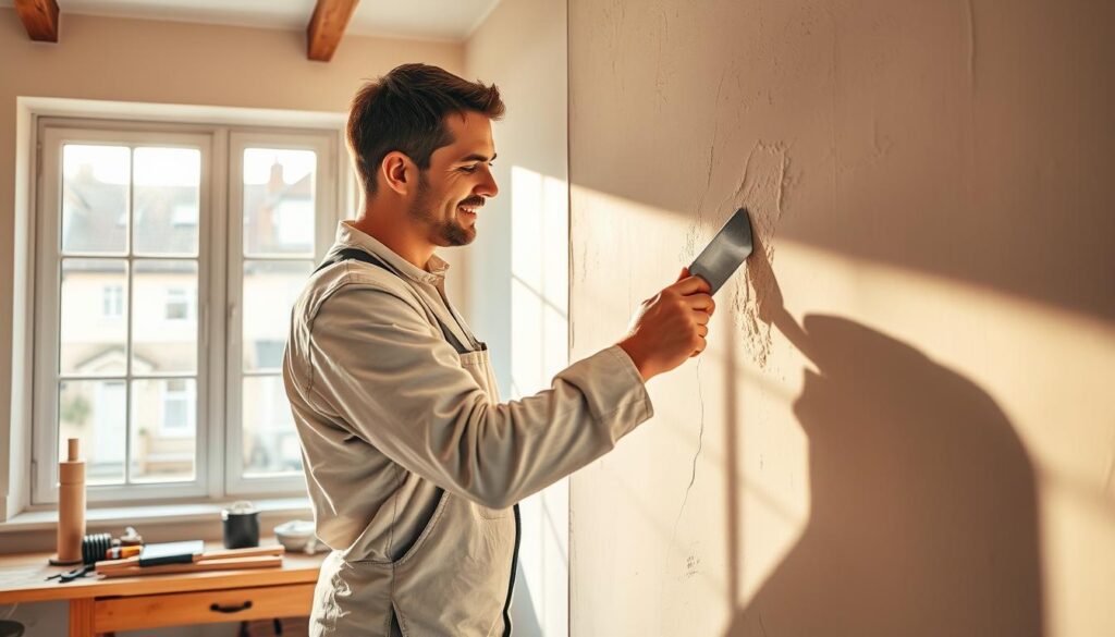 A professional plasterer carefully applying smooth plaster to the wall of a cozy home in Plymouth, England. The scene is bathed in warm, natural lighting filtering through large windows, casting soft shadows that accentuate the texture of the plaster. The plasterer, clad in a clean, dust-free work uniform, meticulously smoothens the surface with a flexible putty knife, ensuring a flawless finish. In the background, a well-organized workbench showcases the plasterer's tools, while a glimpse of the charming, historic architecture of Plymouth can be seen through the window, setting the scene for a skilled, local tradesman at work.