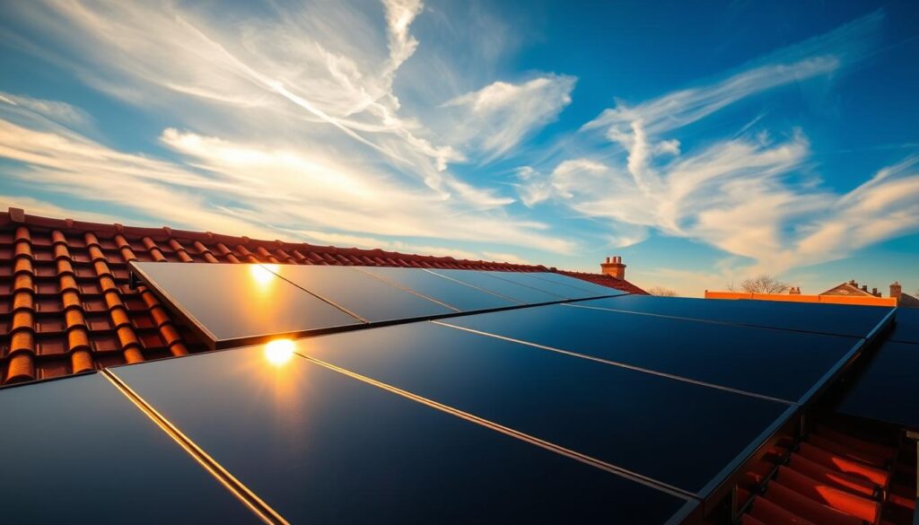 A serene, sun-drenched image of a solar panel installation on a residential roof in York, England. In the foreground, sleek, midnight-black solar panels are meticulously arranged, their surfaces reflecting the warm, golden sunlight. In the middle ground, the roof's charming red tiles provide a classic English architectural backdrop. The sky above is a vibrant azure, with wispy, ethereal clouds drifting lazily overhead, casting gentle shadows across the scene. The overall mood is one of clean, renewable energy, harmoniously integrated into the local landscape.