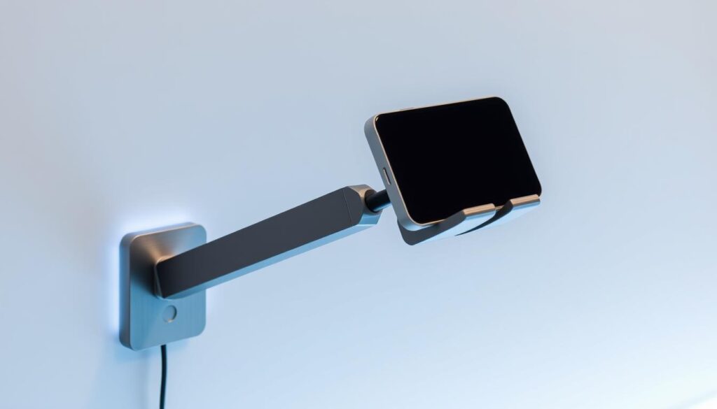 A sleek and functional charger mounting system, featuring a clean, minimalist design with a brushed metal finish. The charger dock is mounted on a sturdy, adjustable arm that can be rotated and angled to optimize device positioning. Soft, diffused lighting illuminates the charging area, creating a modern and inviting atmosphere. The system is designed to be wall-mounted, with a discrete power cable running neatly along the surface. Precision-engineered components ensure a stable, secure hold for various charging devices, from smartphones to tablets. The entire assembly conveys a sense of technological sophistication and user-centric utility.