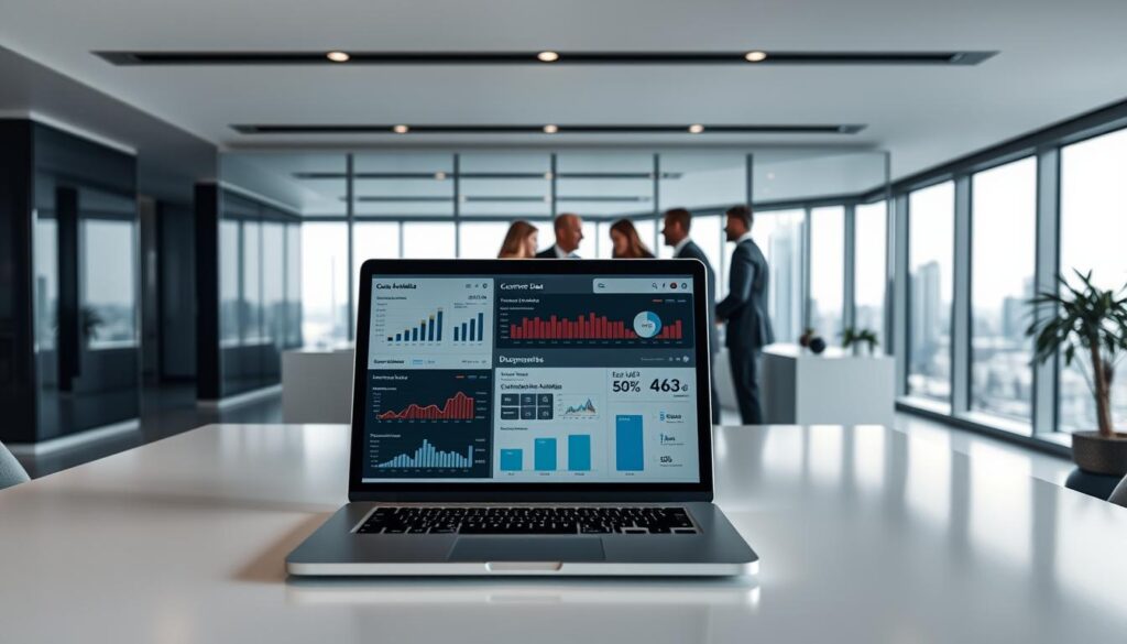 A sleek, modern office setting with a large desk in the foreground. On the desk, a laptop displays a dashboard of customer data analytics, including charts, graphs, and relevant metrics. In the middle ground, a team of professionals, dressed in business attire, huddle around the desk, engaged in a collaborative discussion. The background features a minimalist, well-lit environment with large windows overlooking a cityscape. The overall mood is one of focus, productivity, and strategic decision-making.