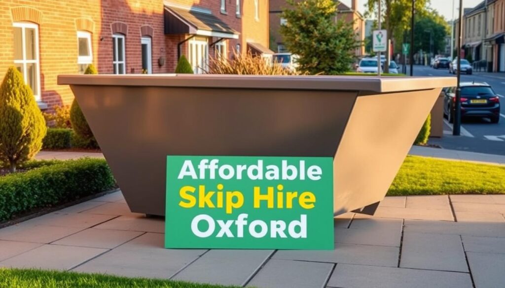 A sleek, modern skip parked on a neatly paved driveway, surrounded by well-manicured greenery. The skip's metal exterior gleams under the warm, golden afternoon sunlight, casting subtle shadows across its angular form. In the middle ground, a sign advertising "Affordable Skip Hire Oxford" stands prominently, its crisp typography and vibrant colors immediately drawing the eye. In the background, a row of charming brick buildings and a glimpse of a bustling urban street set the scene, suggesting the convenient availability of these skip hire services within the heart of Oxford.