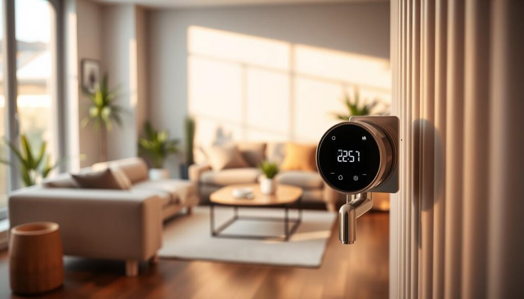 A sleek, modern smart thermostatic radiator valve (TRV) standing prominently in the foreground, its digital display and intuitive controls illuminated by warm, natural lighting. In the middle ground, a cozy living room scene unfolds, with a stylish sofa, houseplants, and a minimalist coffee table. The background features a neutral-toned wall, softly diffused by a slightly overexposed, atmospheric lighting setup, creating a sense of tranquility and comfort. The overall composition emphasizes the integration of the smart TRV within a harmonious, contemporary home environment, highlighting its seamless functionality and aesthetic appeal.