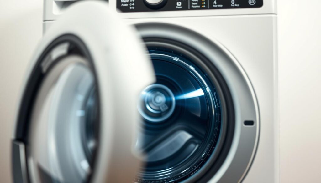 A sleek, modern washing machine sits centered in the frame, its control panel illuminated with an array of buttons and indicators. The imbalance sensor, a small component nestled within the machine's interior, is highlighted in crisp detail, its intricate design and functionality on full display. Soft, even lighting casts gentle shadows, creating depth and emphasizing the sensor's precise engineering. The background is clean and minimal, allowing the washing machine and its imbalance sensor to be the focal point. The overall scene conveys a sense of efficiency, technology, and the importance of properly maintaining this essential component for optimal washing machine performance.