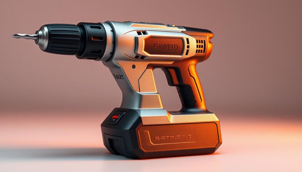 A sleek, professional-grade cordless drill with a modern, ergonomic design. The body has a metallic silver finish, with strategically placed rubberized grips for a secure and comfortable hold. The drill bit is visible, gleaming in the warm studio lighting, hinting at the power and precision of the tool. The battery pack is integrated seamlessly into the design, creating a streamlined, balanced appearance. The trigger and control buttons are intuitively placed, inviting the user to effortlessly manipulate the drill. Subtle design accents, such as angular contours and subtle branding, add a touch of sophistication. The image is captured from a slightly elevated angle, highlighting the drill's sturdy construction and attention to detail.