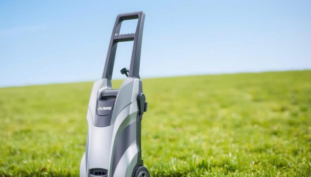 A sleek, silver pressure washer standing prominently in the foreground, its sturdy, ergonomic design radiating power and efficiency. In the middle ground, a lush, verdant lawn provides a natural backdrop, while the background subtly blurs into a crisp, blue sky, creating a sense of outdoor freshness and tranquility. The pressure washer is illuminated by soft, diffused lighting, highlighting its metallic sheen and intricate details. The overall composition conveys a sense of utility, quality, and ease of use, perfectly suited for the "Frequently Asked Questions About Pressure Washers Under £150" section of the article.