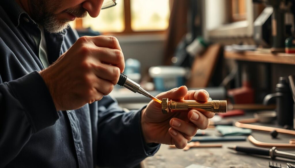 A soldering iron in hand, focused on the task at hand, a skilled plumber carefully applies solder to a copper pipe joint. The scene is illuminated by a warm, natural light filtering through a window, casting gentle shadows and highlights that accentuate the textures of the materials. In the background, a cluttered but organized workbench suggests a well-equipped workshop, while the foreground is dominated by the intricate, precise movements of the plumber's hands as they expertly manipulate the pipe and solder. The overall atmosphere conveys a sense of technical proficiency, attention to detail, and the satisfying process of executing a skilled craft.