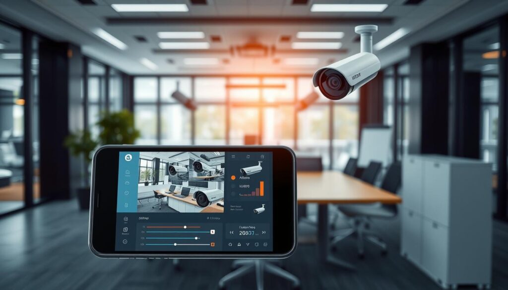 A sophisticated CCTV remote-monitoring app interface, featuring a clean and intuitive dashboard. In the foreground, a mobile device displays live video feeds from strategically placed security cameras, with clear and crisp video quality. The middle ground showcases a range of customizable settings and controls, allowing for seamless remote management of the CCTV system. In the background, a sleek and modern office environment, with large windows and ample natural lighting, sets the scene for a professional and secure monitoring setup. The overall atmosphere conveys a sense of reliability, efficiency, and attention to detail, perfectly capturing the essence of a well-designed CCTV remote-monitoring app.