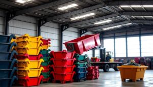 A spacious, well-lit warehouse scene with stacks of various-sized metal skips in the foreground, their vibrant colors contrasting against the utilitarian gray interior. In the middle ground, a forklift operator carefully maneuvers a skip onto a flatbed truck, reflecting the efficient operations of an Oxford skip hire company. The background features large windows allowing natural light to flood the space, creating a sense of openness and professionalism. The overall atmosphere conveys a reliable, affordable, and customer-focused skip hire service in the heart of Oxford.