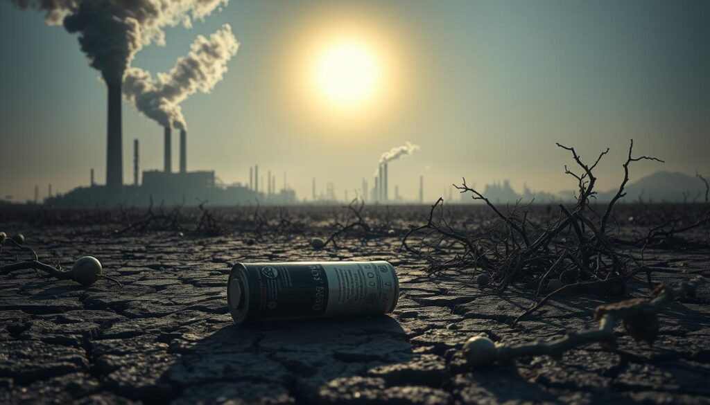 A sprawling industrial landscape where smokestacks billow toxic fumes, casting a hazy, ominous glow over a ravaged ecosystem. In the foreground, a discarded battery leaks its corrosive contents, seeping into the parched, cracked earth, poisoning the land. Surrounding it, a tangled web of dead, withered plants and wildlife, a stark visual representation of the devastating environmental impact of battery waste. The scene is captured in a somber, desaturated palette, emphasizing the gravity of the situation. Dramatic low-angle lighting casts long, ominous shadows, adding to the sense of impending doom. This image aims to vividly convey the urgent need to address the environmental consequences of battery production and disposal.