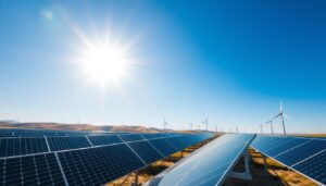 A sprawling solar energy installation set against a vibrant azure sky. In the foreground, sleek black solar panels angle gracefully, capturing the sun's radiant energy. The middle ground reveals a network of wiring and inverters, the technical heart of the system. In the background, rolling hills dotted with towering wind turbines speak to the harmonious integration of renewable technologies. Crisp, high-contrast lighting emphasizes the precision and elegance of the solar array, conveying a sense of cutting-edge sustainable power generation.