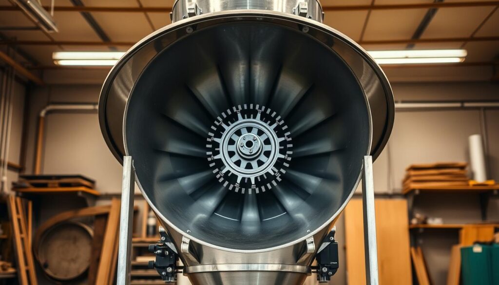 A sturdy, industrial-grade cyclone dust separator standing tall in a well-lit workshop. The conical body tapers gracefully, its metal surfaces gleaming under warm, diffused lighting. Intricate, gear-like vanes line the interior, efficiently spinning and separating fine particles from the airflow. Robust steel brackets and mountings anchor the cyclone securely to the floor, conveying a sense of reliable, heavy-duty performance. The overall design reflects a seamless blend of form and function, optimized for effective dust collection in a workshop or manufacturing environment.