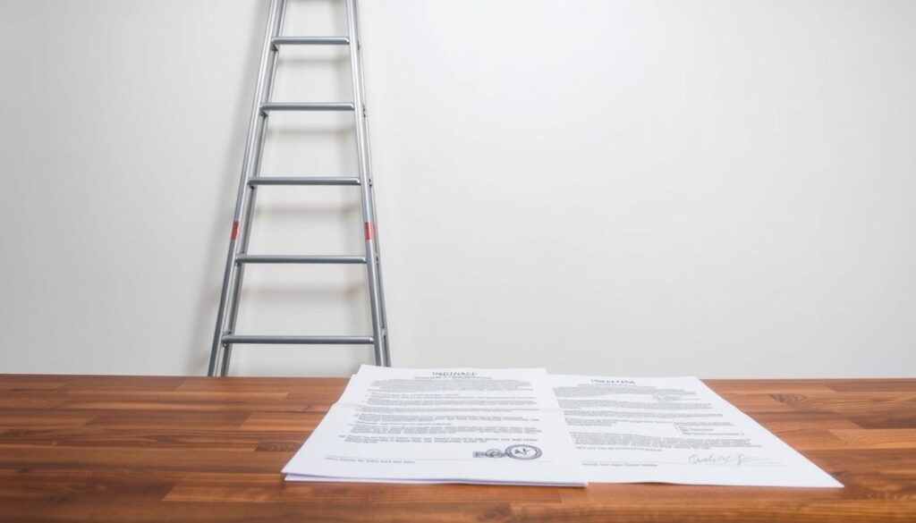 A sturdy metal ladder stands firmly against a plain white wall, its rungs gleaming under bright, evenly distributed lighting. The ladder is framed by a pair of detailed insurance documents resting on a wooden table in the foreground, their crisp pages and official seals conveying a sense of security and protection. The overall composition evokes a mood of careful planning and diligent preparation, capturing the essence of "Ladder Insurance Considerations and Documentation" as a crucial part of ensuring the safety and safekeeping of one's valuable equipment.