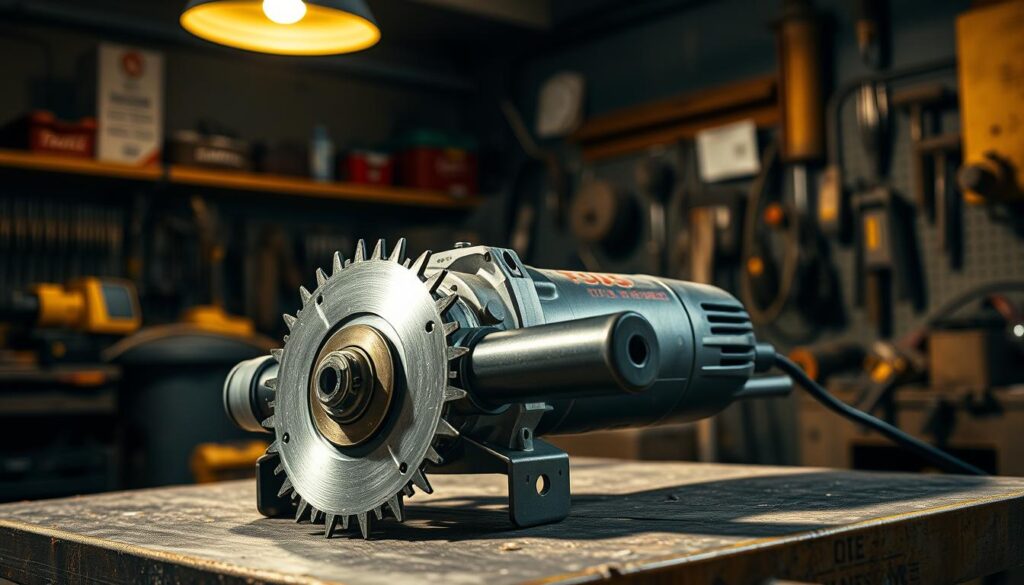 A sturdy, silver-gray angle grinder rests on a workbench, its robust motor housing and powerful disc blade radiating industrial might. The tool's sharp teeth glint under the warm glow of a single overhead lamp, casting dynamic shadows that accentuate its rugged, utilitarian design. In the background, a dimly lit workshop space filled with an array of power tools and metalworking equipment provides context, hinting at the grinder's intended use for heavy-duty cutting, grinding, and material removal tasks. The image conveys the potent, yet potentially hazardous, nature of this versatile power tool, foreshadowing the importance of safety awareness when operating an angle grinder.