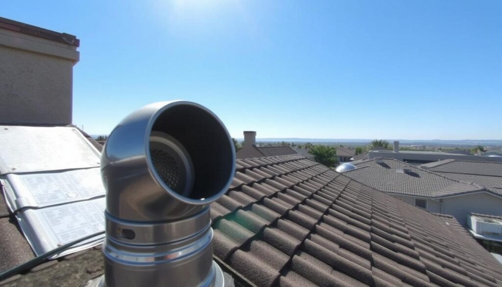 A sunlit, bird's-eye view of a residential rooftop on a clear, cloudless day. In the foreground, a sturdy vent pipe emerges from the roof, its metallic surface gleaming. The vent's opening is partially obscured by a grate or mesh, hinting at the plumbing issue below. In the middle ground, the roofing tiles or shingles are neatly arranged, their texture and colors blending harmoniously. The background features a wider panorama of neighboring rooftops and a tranquil, blue sky. The overall scene conveys a sense of order and the methodical process of investigating and resolving a gurgling shower-drain vent from the roof.