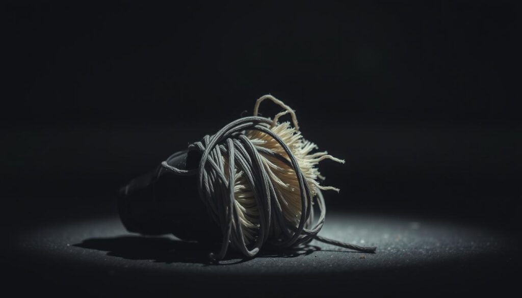 A tangled mess of a vacuum roller, its bristles twisted and caught in a jumbled knot. The roller sits at an awkward angle, partially dislodged from its housing, casting ominous shadows across a dimly lit interior. The scene is illuminated by a harsh, direct light that accentuates the problem's severity, with specks of dust and debris scattered around. The background is blurred and indistinct, keeping the focus solely on the jammed roller and the mechanical issues it presents. An atmosphere of frustration and the need for repair hangs in the air, conveying the problematic nature of this vacuum cleaner malfunction.