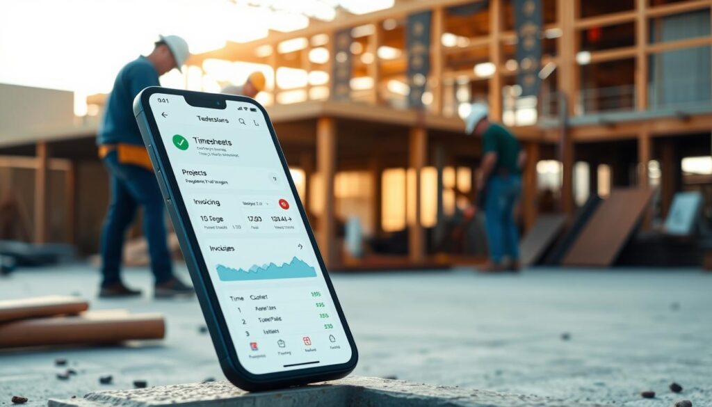 A time-tracking app for tradespeople, designed with a clean and intuitive interface. The foreground features a mobile device displaying the app's dashboard, showcasing features like timesheets, project management, and invoicing. The middle ground depicts a construction site with workers in the background, capturing the real-world context in which the app is intended to be used. The scene is illuminated by natural daylight, creating a warm and productive atmosphere. The camera angle is slightly elevated, providing a comprehensive view of the app's functionality and its practical application in the trades industry.