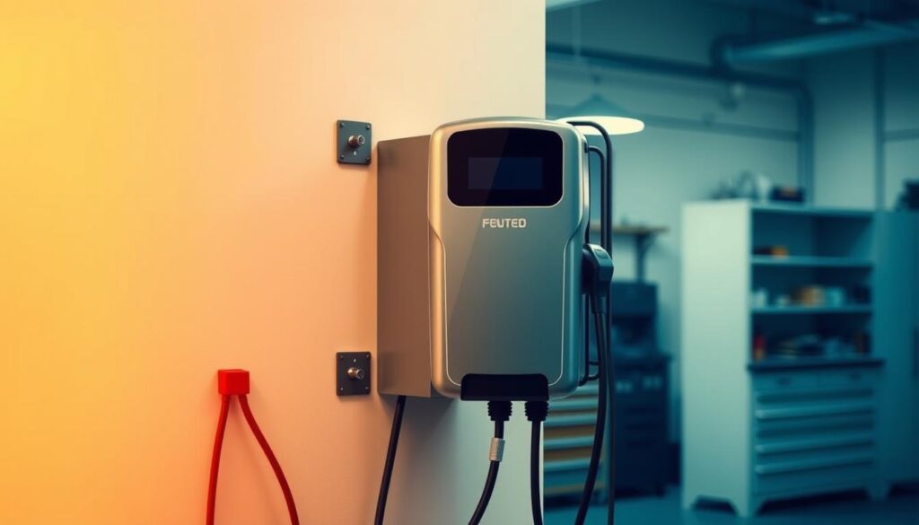 A wall-mounted electric vehicle charging station, prominently displayed in a well-lit, modern workshop setting. The charging station is sleek and minimalist, with a smooth metallic surface and a digital display panel. The foreground features the charging station, securely mounted on the wall with sturdy brackets. The middle ground showcases the workshop's clean, organized workbench and tools, suggesting a professional, technical environment. The background is softly blurred, hinting at additional storage shelves or cabinets, creating a sense of depth and context. The lighting is warm and directional, casting subtle shadows that highlight the charging station's form and texture. The overall atmosphere conveys a sense of functionality, efficiency, and attention to detail, reflecting the subject of the "Mounting and Finishing Your Charging Station" section.