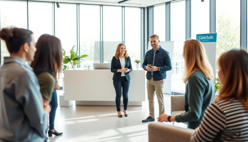 A warm, welcoming customer service experience in a modern office setting. In the foreground, a helpful representative assists a customer, their expressions conveying attentiveness and empathy. The middle ground features a sleek, minimalist reception desk and comfortable seating for visitors. The background showcases floor-to-ceiling windows, allowing natural light to flood the space and create a bright, airy atmosphere. Subtle signage and branding elements subtly reinforce the professional, yet approachable brand identity. The overall scene evokes a sense of ease, efficiency, and a genuine desire to provide exceptional service.