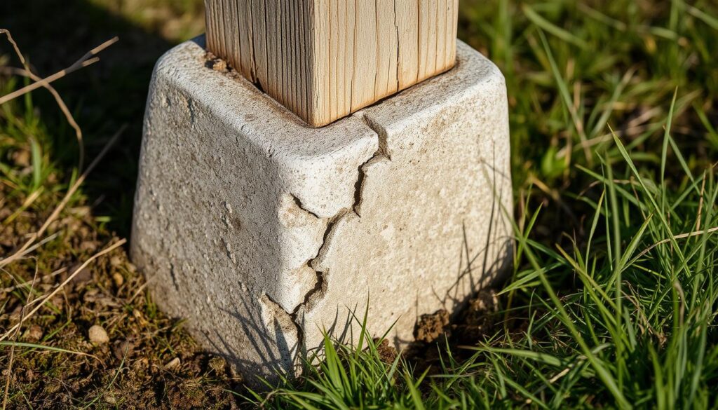 A weathered concrete spur, partially crumbled and cracked, sits firmly embedded in the earth, supporting the base of a worn wooden fence post. The spur's surface is textured with intricate patterns, evidence of its years of diligent service. Partially obscured by overgrown grass and moss, the spur stands as a testament to the passage of time, a subtle yet essential component of the fencing system. The lighting is soft and natural, casting gentle shadows that accentuate the spur's rugged features. The scene conveys a sense of functionality and resilience, hinting at the importance of properly maintaining these crucial structural elements.