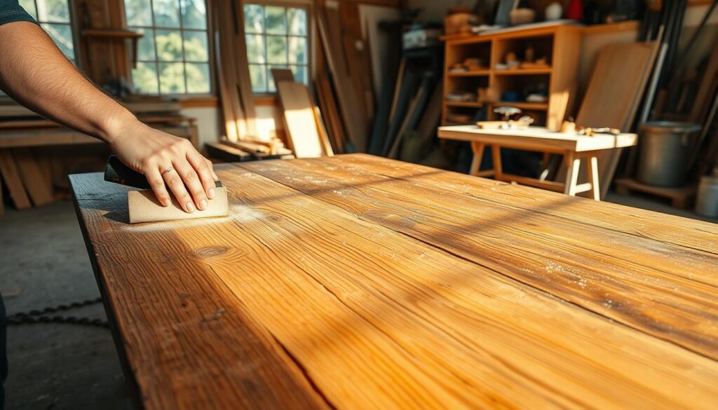 A weathered oak table, its surface scarred and dull, sits in a well-lit workshop. Streams of sunlight filter in through large windows, casting warm, golden hues across the worn wood. A skilled hand gently runs sandpaper over the tabletop, revealing the rich grain beneath as layers of old stain and varnish are meticulously removed. The air is filled with the scent of sawdust and the gentle hum of power tools. In the background, shelves of woodworking supplies and tools stand ready, awaiting their turn to breathe new life into this cherished piece of furniture.