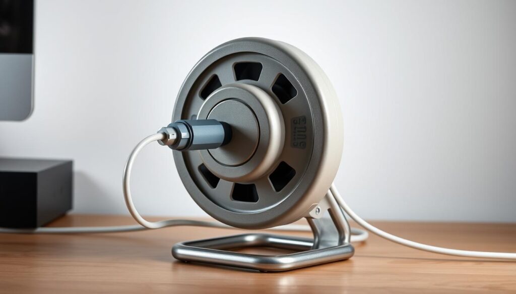A well-designed, high-quality retractable extension-cord reel in a sleek, modern design. The reel is mounted on a sturdy metal base with a compact, space-saving profile. The power cord smoothly retracts and extends with a controlled mechanism, providing convenient access to power outlets. The reel is painted in a neutral, matte color scheme that blends seamlessly into any environment. Soft, directional lighting illuminates the reel, highlighting its clean lines and robust construction. The scene is captured from a slightly elevated angle, emphasizing the reel's functional yet attractive appearance, making it an ideal centerpiece for a workspace or home environment.
