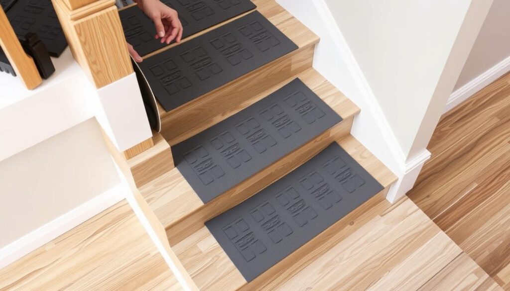 A well-lit and high-angle view of a set of stairs with self-adhesive rubber stair treads being carefully installed. The treads have a textured, non-slip surface in a neutral color that blends seamlessly with the existing stair material, whether wood, stone, or concrete. The camera captures the process in detail, showcasing the proper alignment, trimming, and adhesion of the treads to the stair edges. The overall scene conveys a sense of safety, functionality, and a professional, step-by-step installation approach suitable for a how-to guide.