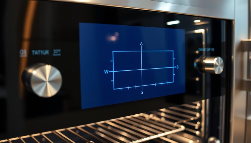 A well-lit and meticulously detailed smart oven touchscreen display, its sleek glass surface reflecting the gleam of metal control dials and a precision-engineered interior. The screen shows a calibration grid, with subtle gridlines and crosshairs guiding the user through the setup process. The oven's stainless steel frame and door are visible in the background, conveying a sense of modern, high-quality appliance design. The scene is captured with a sharp, high-resolution lens, lending an air of technical professionalism to the image.