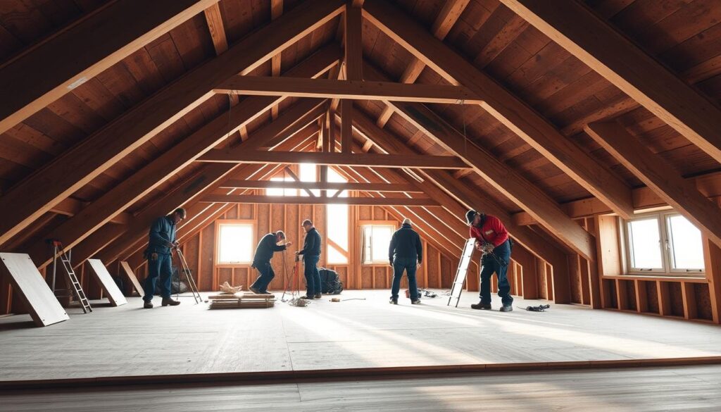 A well-lit and spacious UK loft interior with exposed wooden beams and rafters. In the foreground, a team of construction workers carefully installing sturdy loft flooring panels, utilizing specialized tools and safety equipment. The panels seamlessly integrate with the existing loft structure, creating a visually harmonious and functional workspace. Soft natural light filters in through the loft's windows, casting a warm glow and highlighting the textured surfaces. The overall atmosphere conveys a sense of productivity, attention to detail, and a commitment to creating a practical and aesthetically pleasing loft conversion.