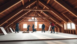 A well-lit and spacious UK loft interior with exposed wooden beams and rafters. In the foreground, a team of construction workers carefully installing sturdy loft flooring panels, utilizing specialized tools and safety equipment. The panels seamlessly integrate with the existing loft structure, creating a visually harmonious and functional workspace. Soft natural light filters in through the loft's windows, casting a warm glow and highlighting the textured surfaces. The overall atmosphere conveys a sense of productivity, attention to detail, and a commitment to creating a practical and aesthetically pleasing loft conversion.