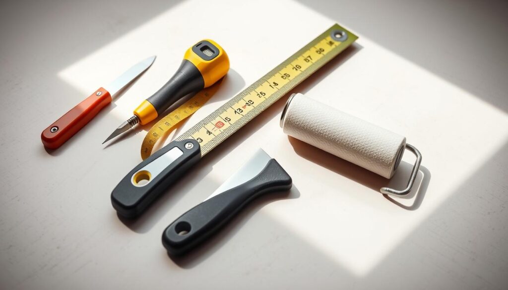 A well-lit, close-up photograph of a variety of peel-and-stick 3D wall panel installation tools, including a utility knife, a measuring tape, a level, a putty knife, and a rubber roller, neatly arranged on a clean, neutral-colored surface. The tools are presented in a way that showcases their purpose and functionality, creating a sense of order and preparedness for the task at hand. The lighting is natural and diffuse, creating soft shadows and highlighting the textures and details of the tools. The overall mood is one of organization and professionalism, setting the stage for a successful 3D wall panel installation project.