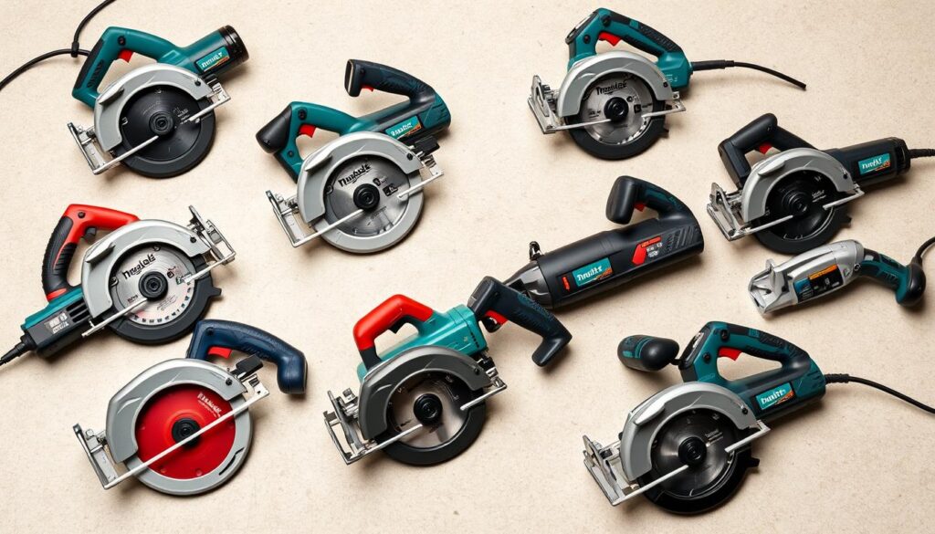 A well-lit, close-up shot of a selection of top mini circular saws for DIY enthusiasts, arranged neatly on a clean, neutral-colored surface. The saws should be showcased from various angles, highlighting their compact size, sturdy construction, and essential features like blade guards, ergonomic handles, and dust collection systems. The image should convey a sense of professionalism and attention to detail, with a crisp, high-resolution rendering and subtle shadows and highlights to emphasize the three-dimensional nature of the tools. The overall mood should be one of utility, practicality, and the excitement of DIY projects.
